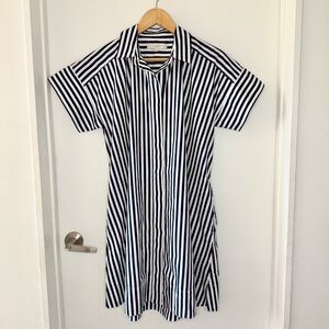 Ann Taylor Loft Blue & White Striped Poplin Short Sleeve Pocket Shirtdress SMALL